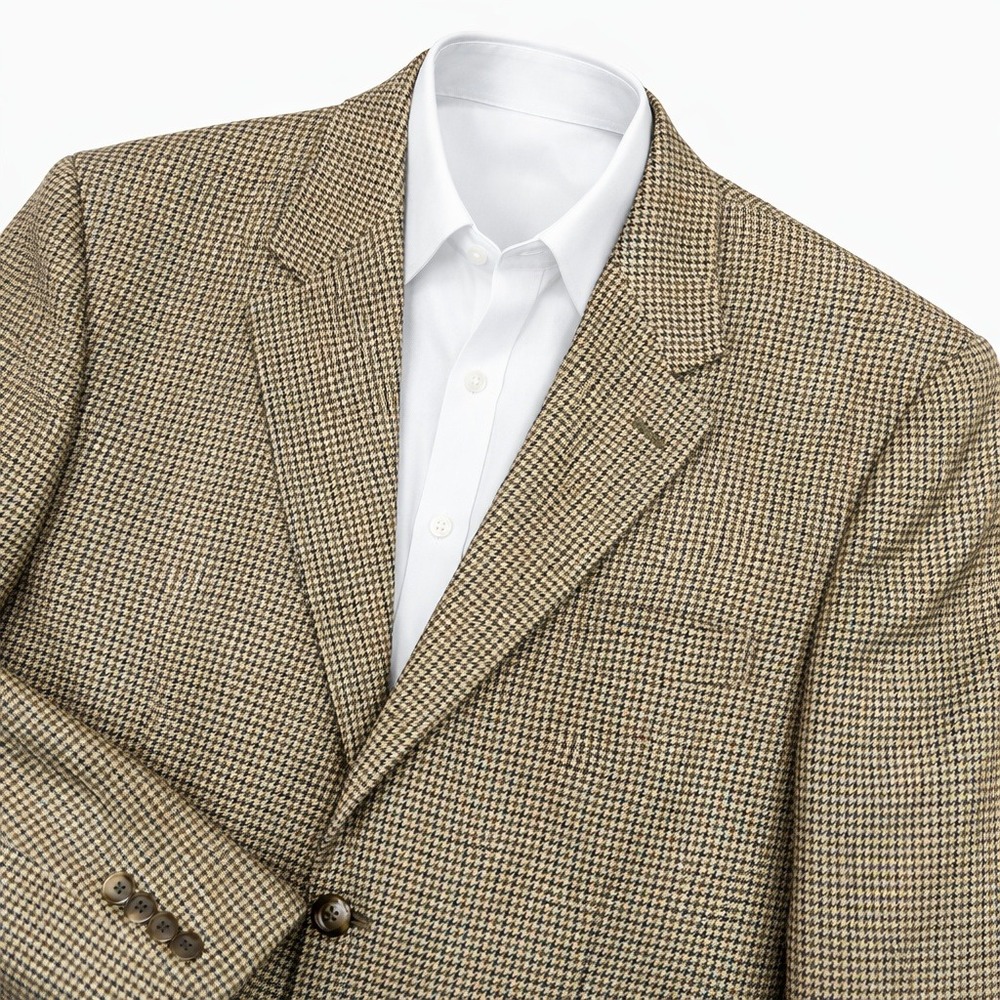 Vintage 90s CHAPS Houndstooth‎ 100% Silk Blazer Sport Coat Men 42R Tan Prep Ivy
